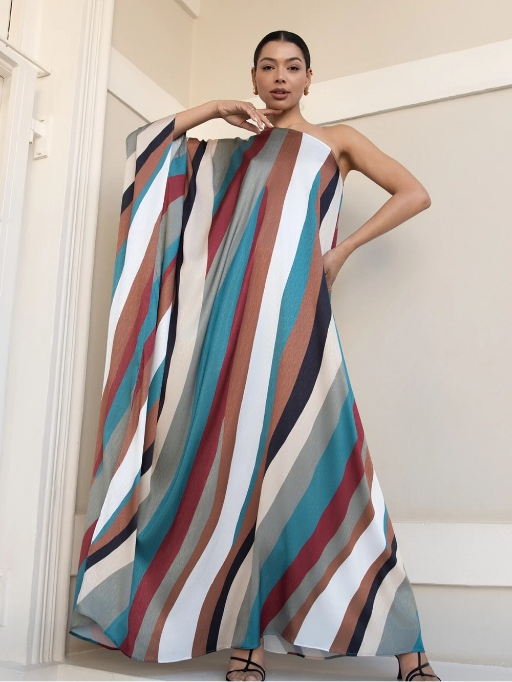 Diarrablu One-Shoulder Maxi Kaftan Dress in Teal, Rust, Cream